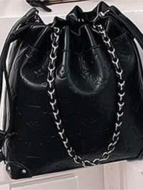 Small Black Quilted Drawstring Shoulder Bag with Chain Strap